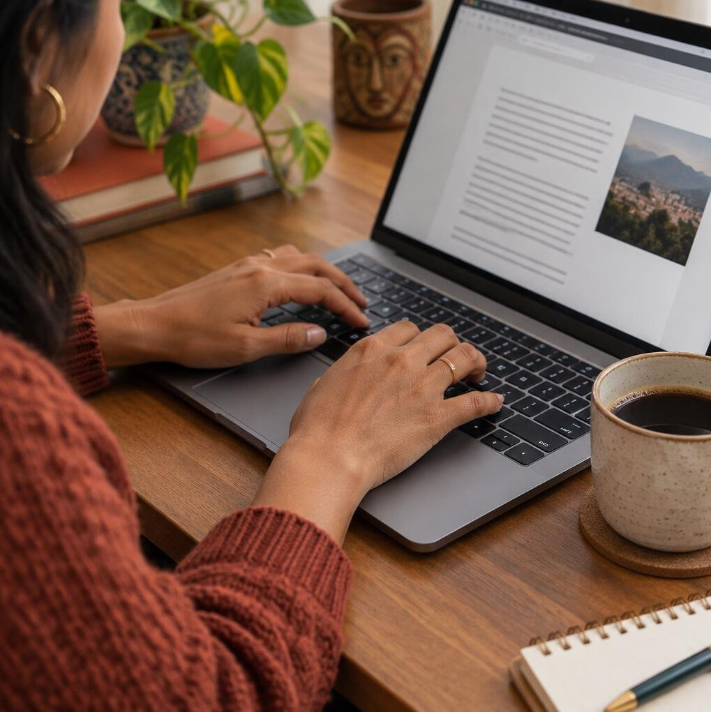 Person typing an article on a laptop keyboard