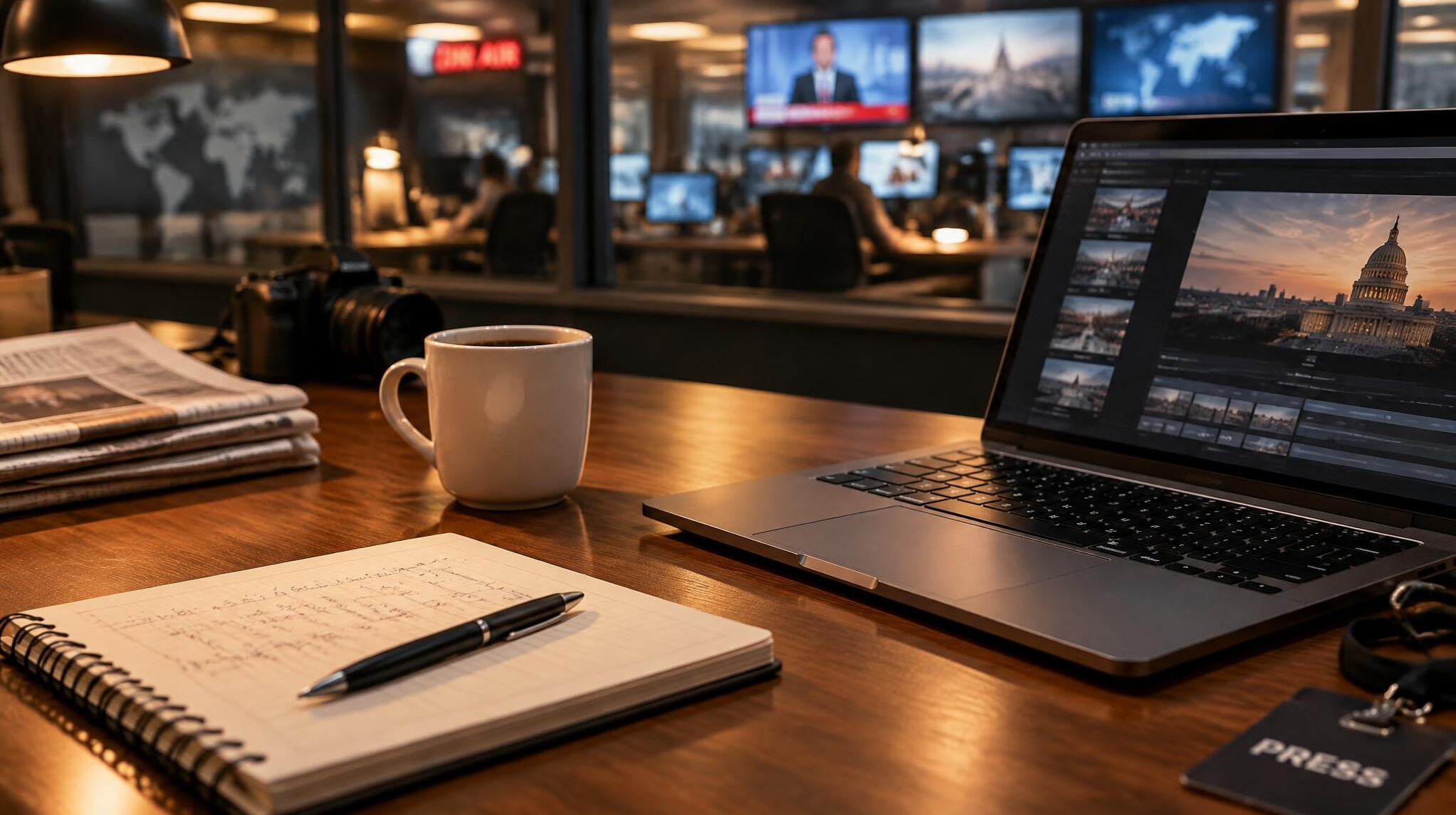 Journalist writing notes at a newsroom desk