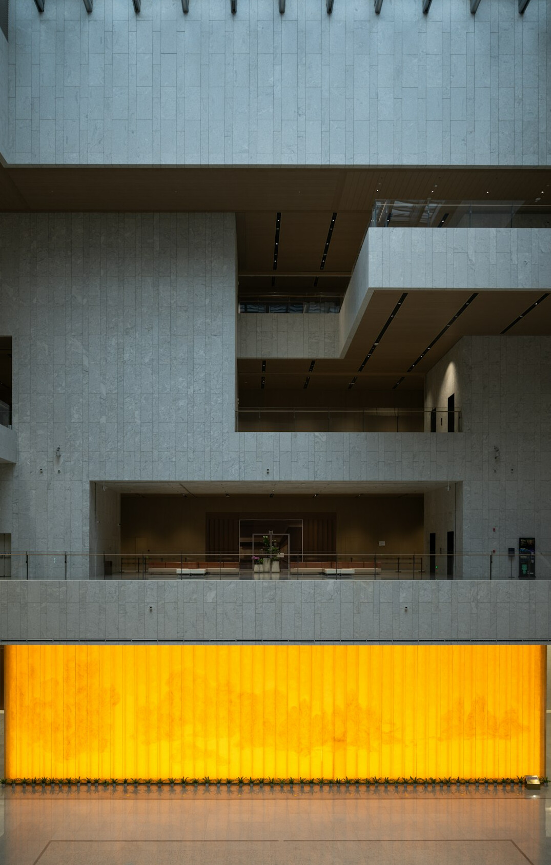 Modern office reception desk with warm lighting